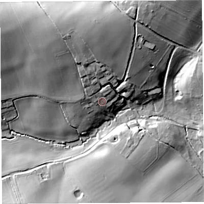 Shaded relief map of the ground around HR28JE, computed from Environment Agency LiDAR. The ground here sits at about 90 m above sea level and falls 33 m across the surrounding 800 m. Surface water reaching this point runs off ground lying to the north-north-west, 20.3 m higher.