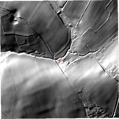 Shaded relief map of the ground around HR28JF, computed from Environment Agency LiDAR. The ground here sits at about 95 m above sea level and falls 25 m across the surrounding 800 m. Surface water reaching this point runs off ground lying to the north-north-east, 17.2 m higher.