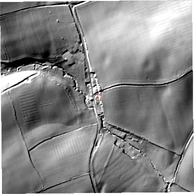 Shaded relief map of the ground around HR28JG, computed from Environment Agency LiDAR. The ground here sits at about 88 m above sea level and falls 43 m across the surrounding 800 m. Surface water reaching this point runs off ground lying to the north-east, 17.4 m higher.