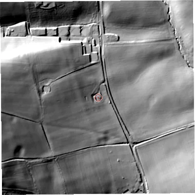 Shaded relief map of the ground around HR28JH, computed from Environment Agency LiDAR. The ground here sits at about 105 m above sea level and falls 55 m across the surrounding 800 m. Surface water reaching this point runs off ground lying to the west, 24.7 m higher.