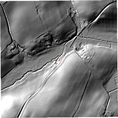 Shaded relief map of the ground around HR28LR, computed from Environment Agency LiDAR. The ground here sits at about 56 m above sea level and falls 26 m across the surrounding 800 m. Surface water reaching this point runs off ground lying to the south-west, 23.5 m higher.