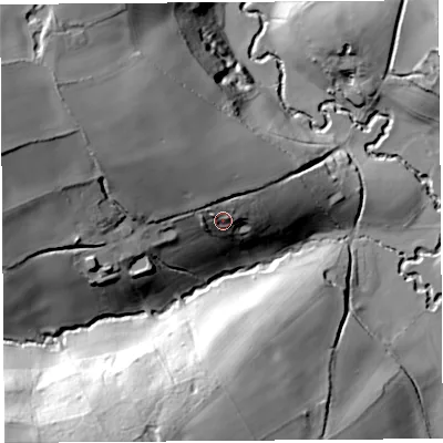 Shaded relief map of the ground around HR28NZ, computed from Environment Agency LiDAR. The ground here sits at about 89 m above sea level and falls 53 m across the surrounding 800 m. Surface water reaching this point runs off ground lying to the north-west, 9.5 m higher.