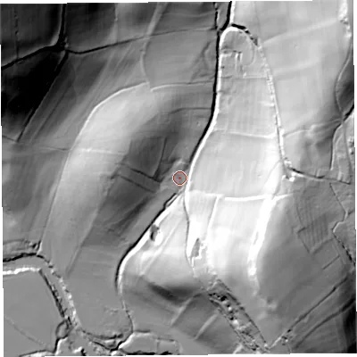 Shaded relief map of the ground around HR28RL, computed from Environment Agency LiDAR. The ground here sits at about 57 m above sea level and falls 95 m across the surrounding 800 m. Surface water reaching this point runs off ground lying to the north-east, 80.4 m higher.
