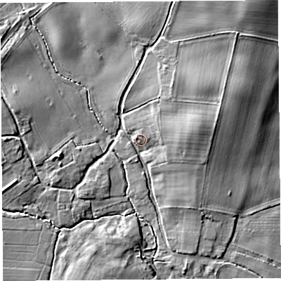 Shaded relief map of the ground around HR29AH, computed from Environment Agency LiDAR. The ground here sits at about 92 m above sea level and falls 11 m across the surrounding 800 m. Surface water reaching this point runs off ground lying to the east-north-east, 5.1 m higher.