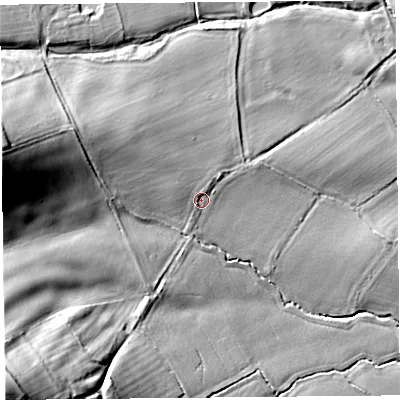 Shaded relief map of the ground around HR29EE, computed from Environment Agency LiDAR. The ground here sits at about 96 m above sea level and falls 41 m across the surrounding 800 m. Surface water reaching this point runs off ground lying to the west-north-west, 2.7 m higher.