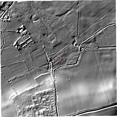Shaded relief map of the ground around HR29HT, computed from Environment Agency LiDAR. The ground here sits at about 77 m above sea level and falls 17 m across the surrounding 800 m. Surface water reaching this point runs off ground lying to the west, 1.6 m higher.