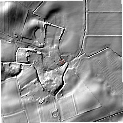 Shaded relief map of the ground around HR29JJ, computed from Environment Agency LiDAR. The ground here sits at about 61 m above sea level and falls 19 m across the surrounding 800 m. Surface water reaching this point runs off ground lying to the south-west, 14.8 m higher.