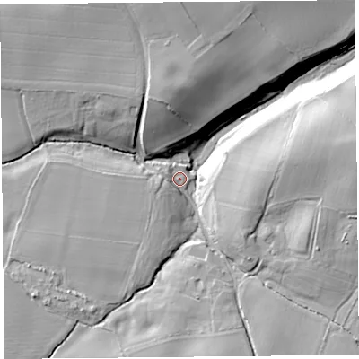 Shaded relief map of the ground around HR29JP, computed from Environment Agency LiDAR. The ground here sits at about 70 m above sea level and falls 22 m across the surrounding 800 m. Surface water reaching this point runs off ground lying to the west-south-west, 5.9 m higher.