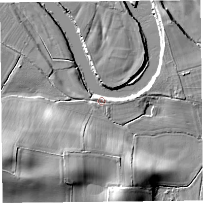 Shaded relief map of the ground around HR29LJ, computed from Environment Agency LiDAR. The ground here sits at about 61 m above sea level and falls 17 m across the surrounding 800 m. Surface water reaching this point runs off ground lying to the east, 5.9 m higher.