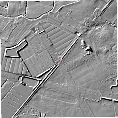 Shaded relief map of the ground around HR29NH, computed from Environment Agency LiDAR. The ground here sits at about 80 m above sea level and falls 8 m across the surrounding 800 m. Surface water reaching this point runs off ground lying to the west, 2.0 m higher.