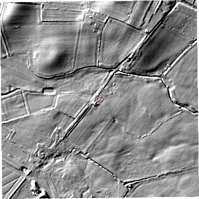 Shaded relief map of the ground around HR29NJ, computed from Environment Agency LiDAR. The ground here sits at about 77 m above sea level and falls 8 m across the surrounding 800 m. Surface water reaching this point runs off ground lying to the south-west, 0.7 m higher.