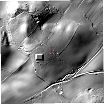 Shaded relief map of the ground around HR29PF, computed from Environment Agency LiDAR. The ground here sits at about 151 m above sea level and falls 80 m across the surrounding 800 m. Surface water reaching this point runs off ground lying to the west-south-west, 13.7 m higher.