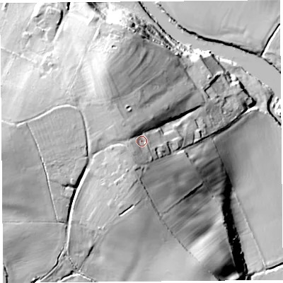 Shaded relief map of the ground around HR29QE, computed from Environment Agency LiDAR. The ground here sits at about 84 m above sea level and falls 43 m across the surrounding 800 m. Surface water reaching this point runs off ground lying to the west-north-west, 6.3 m higher.