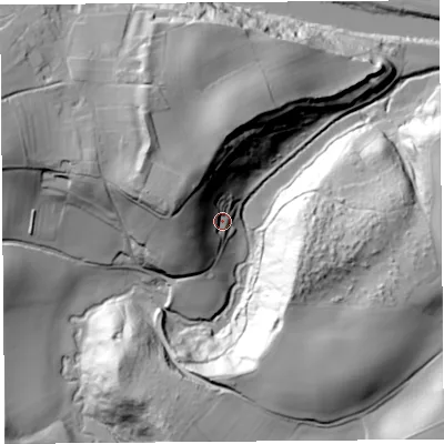 Shaded relief map of the ground around HR29QQ, computed from Environment Agency LiDAR. The ground here sits at about 61 m above sea level and falls 51 m across the surrounding 800 m. Surface water reaching this point runs off ground lying to the west, 30.6 m higher.