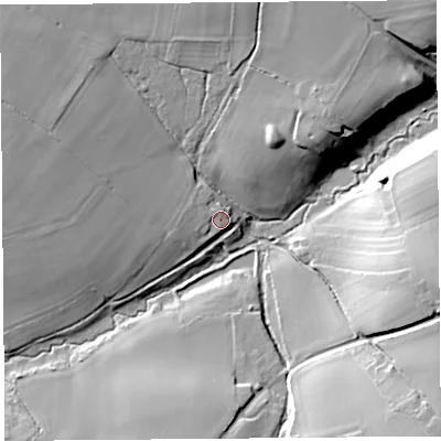 Shaded relief map of the ground around HR29QS, computed from Environment Agency LiDAR. The ground here sits at about 74 m above sea level and falls 23 m across the surrounding 800 m. Surface water reaching this point runs off ground lying to the west-north-west, 3.2 m higher.