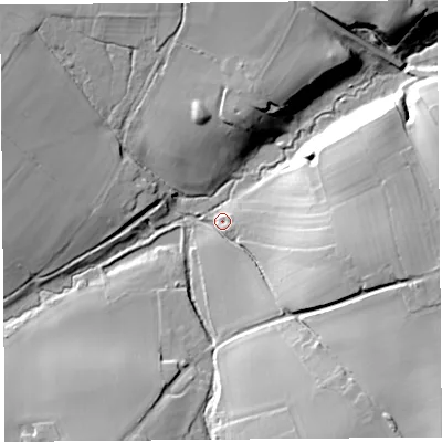 Shaded relief map of the ground around HR29TL, computed from Environment Agency LiDAR. The ground here sits at about 70 m above sea level and falls 27 m across the surrounding 800 m. Surface water reaching this point runs off ground lying to the south-east, 24.0 m higher.