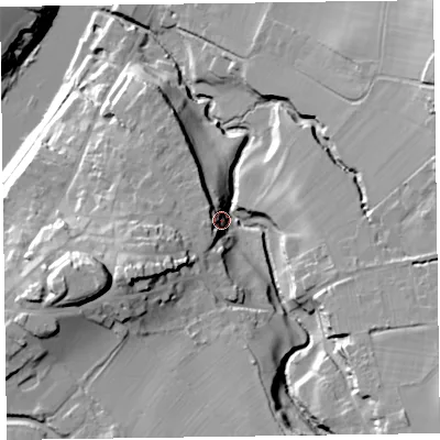 Shaded relief map of the ground around HR35AR, computed from Environment Agency LiDAR. The ground here sits at about 90 m above sea level and falls 38 m across the surrounding 800 m. Surface water reaching this point runs off ground lying to the west-south-west, 30.1 m higher.