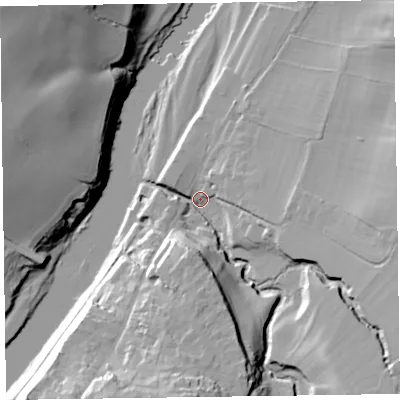 Shaded relief map of the ground around HR35BB, computed from Environment Agency LiDAR. The ground here sits at about 76 m above sea level and falls 40 m across the surrounding 800 m. Surface water reaching this point runs off ground lying to the south, 28.3 m higher.
