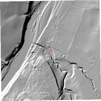 Shaded relief map of the ground around HR35BD, computed from Environment Agency LiDAR. The ground here sits at about 76 m above sea level and falls 37 m across the surrounding 800 m. Surface water reaching this point runs off ground lying to the south, 21.7 m higher.