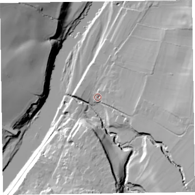 Shaded relief map of the ground around HR35BE, computed from Environment Agency LiDAR. The ground here sits at about 78 m above sea level and falls 40 m across the surrounding 800 m. Surface water reaching this point runs off ground lying to the east, 5.2 m higher.