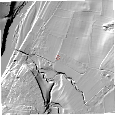 Shaded relief map of the ground around HR35EN, computed from Environment Agency LiDAR. The ground here sits at about 85 m above sea level and falls 40 m across the surrounding 800 m. Surface water reaching this point runs off ground lying to the east-south-east, 0.9 m higher.