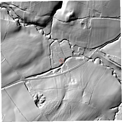 Shaded relief map of the ground around HR35ES, computed from Environment Agency LiDAR. The ground here sits at about 126 m above sea level and falls 52 m across the surrounding 800 m. Surface water reaching this point runs off ground lying to the south-south-west, 38.7 m higher.