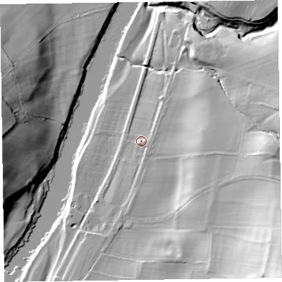 Shaded relief map of the ground around HR35EW, computed from Environment Agency LiDAR. The ground here sits at about 79 m above sea level and falls 47 m across the surrounding 800 m. Surface water reaching this point runs off ground lying to the east-south-east, 2.6 m higher.