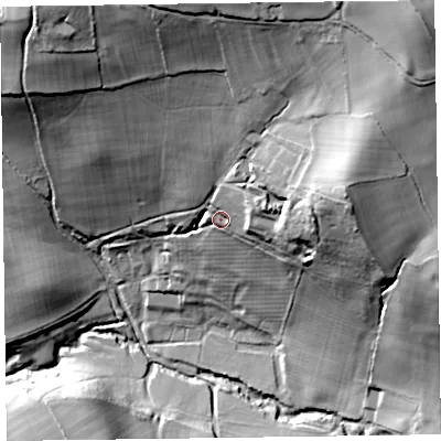 Shaded relief map of the ground around HR35EZ, computed from Environment Agency LiDAR. The ground here sits at about 131 m above sea level and falls 78 m across the surrounding 800 m. Surface water reaching this point runs off ground lying to the east-north-east, 15.7 m higher.