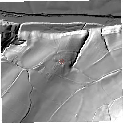 Shaded relief map of the ground around HR35HB, computed from Environment Agency LiDAR. The ground here sits at about 93 m above sea level and falls 104 m across the surrounding 800 m. Surface water reaching this point runs off ground lying to the south-south-west, 3.4 m higher.