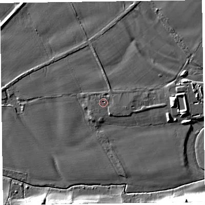 Shaded relief map of the ground around HR35HU, computed from Environment Agency LiDAR. The ground here sits at about 69 m above sea level and falls 16 m across the surrounding 800 m. Surface water reaching this point runs off ground lying to the south-south-east, 2.2 m higher.