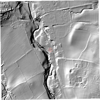 Shaded relief map of the ground around HR35RD, computed from Environment Agency LiDAR. The ground here sits at about 98 m above sea level and falls 55 m across the surrounding 800 m. Surface water reaching this point runs off ground lying to the south-east, 38.5 m higher.