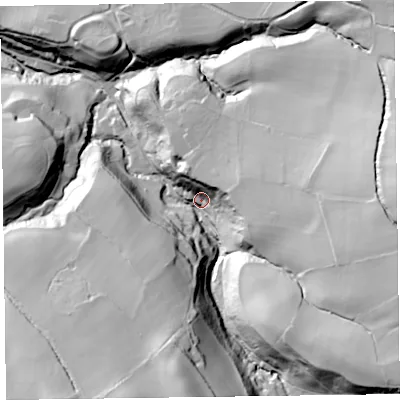 Shaded relief map of the ground around HR35RQ, computed from Environment Agency LiDAR. The ground here sits at about 138 m above sea level and falls 80 m across the surrounding 800 m. Surface water reaching this point runs off ground lying to the east, 60.7 m higher.