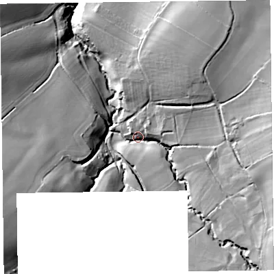 Shaded relief map of the ground around HR35SX, computed from Environment Agency LiDAR. The ground here sits at about 93 m above sea level and falls 38 m across the surrounding 800 m. Surface water reaching this point runs off ground lying to the south-east, 26.4 m higher.