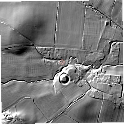 Shaded relief map of the ground around HR36AB, computed from Environment Agency LiDAR. The ground here sits at about 155 m above sea level and falls 29 m across the surrounding 800 m. Surface water reaching this point runs off ground lying to the south-west, 23.7 m higher.