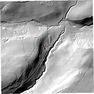 Shaded relief map of the ground around HR36AD, computed from Environment Agency LiDAR. The ground here sits at about 209 m above sea level and falls 123 m across the surrounding 800 m. Surface water reaching this point runs off ground lying to the south-west, 86.8 m higher.