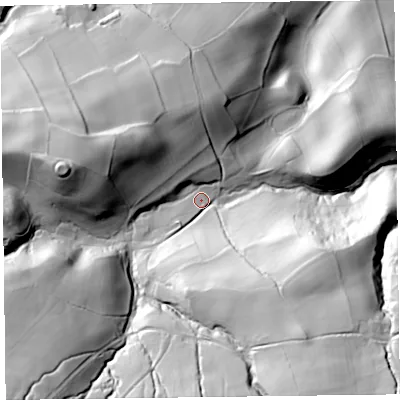 Shaded relief map of the ground around HR36AE, computed from Environment Agency LiDAR. The ground here sits at about 285 m above sea level and falls 106 m across the surrounding 800 m. Surface water reaching this point runs off ground lying to the south-west, 73.5 m higher.