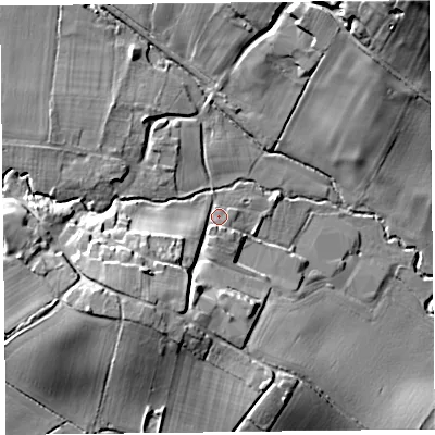 Shaded relief map of the ground around HR36AR, computed from Environment Agency LiDAR. The ground here sits at about 149 m above sea level and falls 45 m across the surrounding 800 m. Surface water reaching this point runs off ground lying to the south-west, 14.5 m higher.