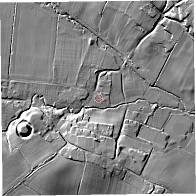Shaded relief map of the ground around HR36AW, computed from Environment Agency LiDAR. The ground here sits at about 150 m above sea level and falls 34 m across the surrounding 800 m. Surface water reaching this point runs off ground lying to the west, 2.6 m higher.
