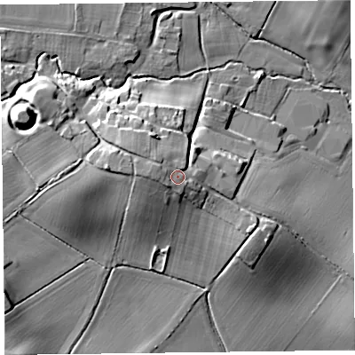 Shaded relief map of the ground around HR36BE, computed from Environment Agency LiDAR. The ground here sits at about 162 m above sea level and falls 23 m across the surrounding 800 m. Surface water reaching this point runs off ground lying to the west-north-west, 2.6 m higher.