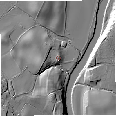 Shaded relief map of the ground around HR36BT, computed from Environment Agency LiDAR. The ground here sits at about 70 m above sea level and falls 29 m across the surrounding 800 m. Surface water reaching this point runs off ground lying to the west-south-west, 7.8 m higher.