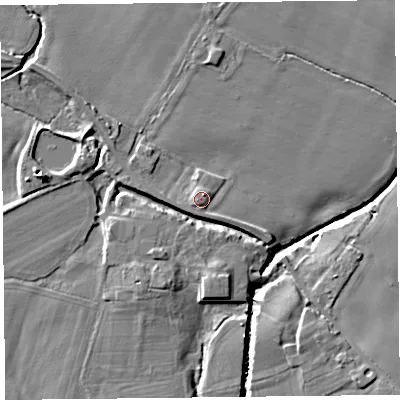 Shaded relief map of the ground around HR36DH, computed from Environment Agency LiDAR. The ground here sits at about 65 m above sea level and falls 8 m across the surrounding 800 m. Surface water reaching this point runs off ground lying to the south, 1.4 m higher.