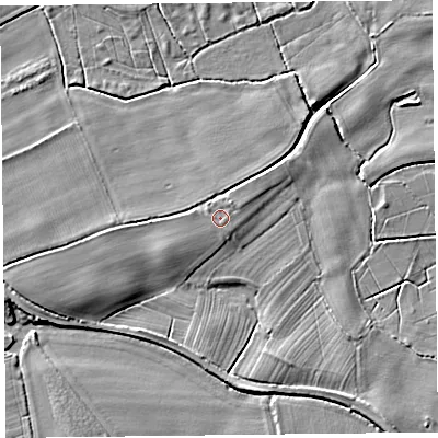 Shaded relief map of the ground around HR36DL, computed from Environment Agency LiDAR. The ground here sits at about 65 m above sea level and falls 4 m across the surrounding 800 m. The ground contributing surface water to this point lies to the south.