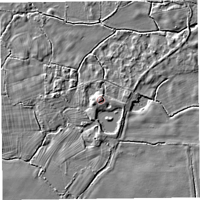 Shaded relief map of the ground around HR36DN, computed from Environment Agency LiDAR. The ground here sits at about 65 m above sea level and falls 4 m across the surrounding 800 m. Surface water reaching this point runs off ground lying to the north-north-east, 1.3 m higher.