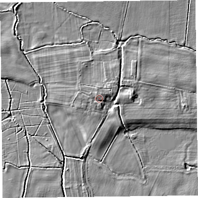 Shaded relief map of the ground around HR36DP, computed from Environment Agency LiDAR. The ground here sits at about 64 m above sea level and falls 3 m across the surrounding 800 m. Surface water reaching this point runs off ground lying to the north-north-west, 1.2 m higher.
