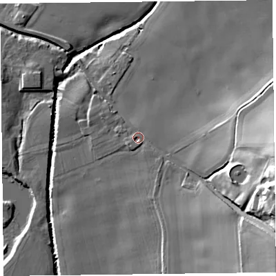 Shaded relief map of the ground around HR36DS, computed from Environment Agency LiDAR. The ground here sits at about 66 m above sea level and falls 30 m across the surrounding 800 m. Surface water reaching this point runs off ground lying to the east-south-east, 8.4 m higher.