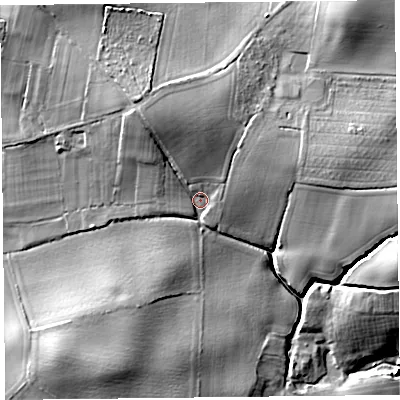 Shaded relief map of the ground around HR36DX, computed from Environment Agency LiDAR. The ground here sits at about 80 m above sea level and falls 32 m across the surrounding 800 m. Surface water reaching this point runs off ground lying to the north-north-west, 9.9 m higher.