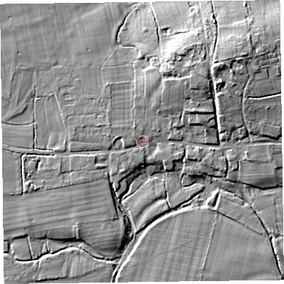 Shaded relief map of the ground around HR36EA, computed from Environment Agency LiDAR. The ground here sits at about 67 m above sea level and falls 12 m across the surrounding 800 m. Surface water reaching this point runs off ground lying to the north-north-west, 1.4 m higher.