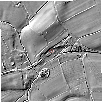 Shaded relief map of the ground around HR36EE, computed from Environment Agency LiDAR. The ground here sits at about 65 m above sea level and falls 7 m across the surrounding 800 m. Surface water reaching this point runs off ground lying to the north, 2.4 m higher.