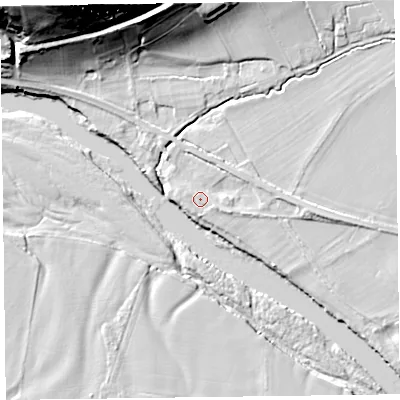 Shaded relief map of the ground around HR36EH, computed from Environment Agency LiDAR. The ground here sits at about 70 m above sea level and falls 38 m across the surrounding 800 m. Surface water reaching this point runs off ground lying to the east, 2.1 m higher.
