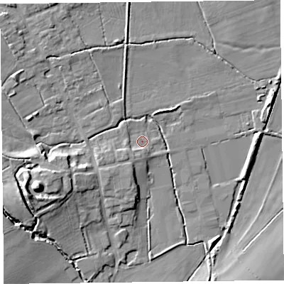 Shaded relief map of the ground around HR36HP, computed from Environment Agency LiDAR. The ground here sits at about 73 m above sea level and falls 15 m across the surrounding 800 m. Surface water reaching this point runs off ground lying to the south-west, 2.6 m higher.